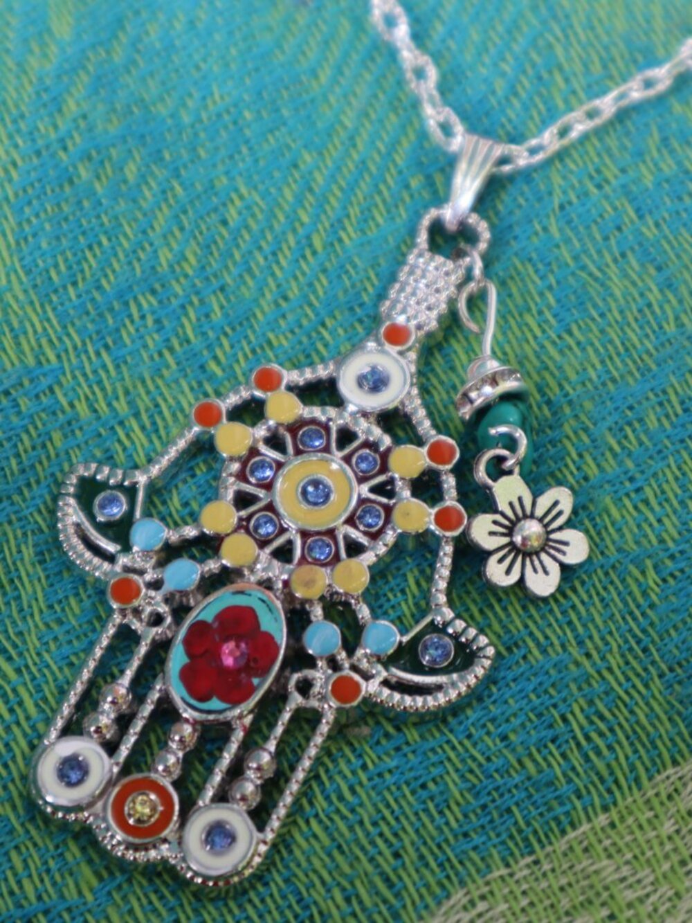 Silver and Turquoise Hamsa Pendant Flower Charm Necklace Boho Protection Jewelry